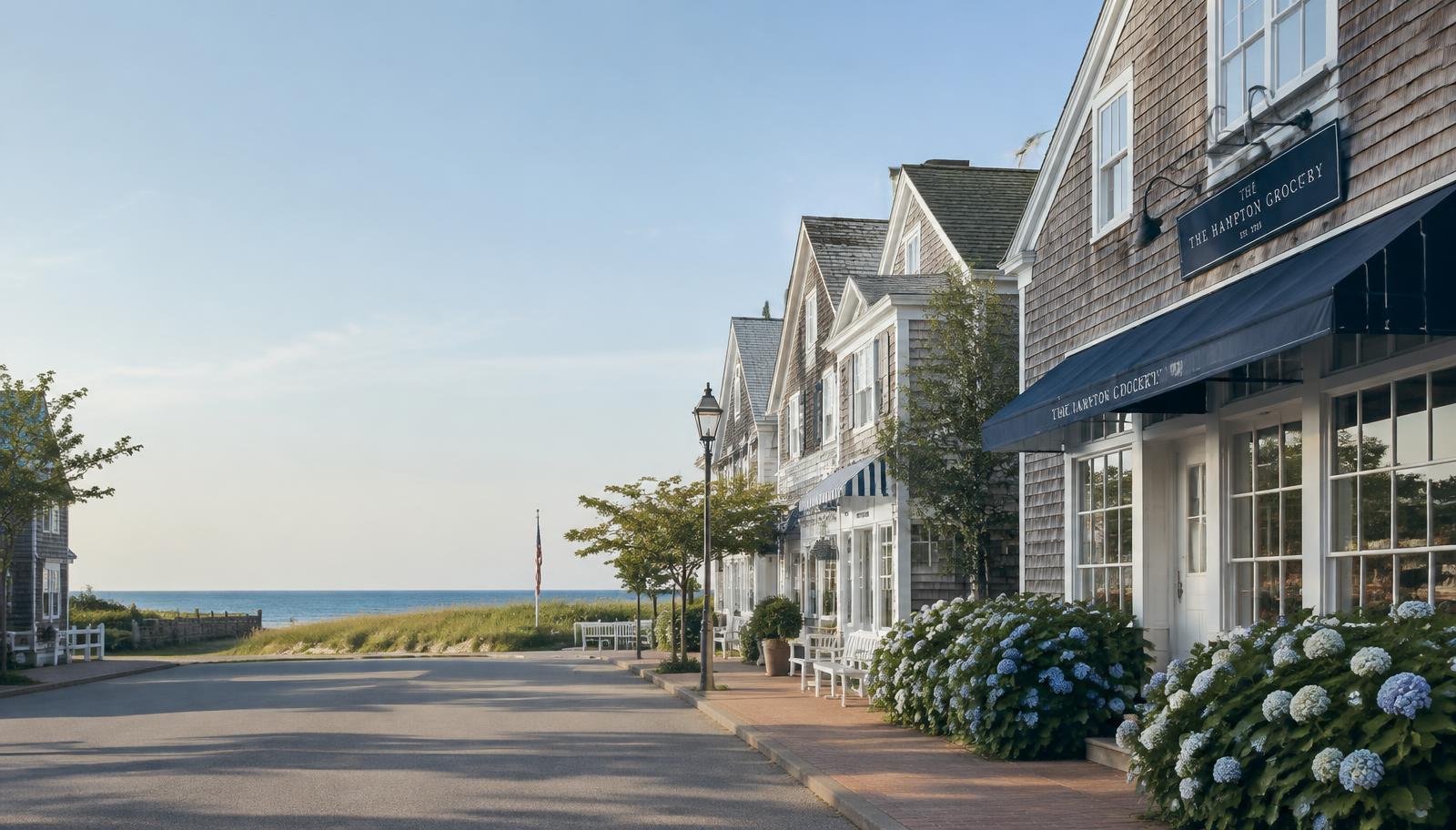 Shingled shops on a Hamptons village street leading to the ocean